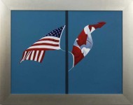 Bold painting of the Canadian and American flags dancing from the same pole on a sky blue ground. Image 2
