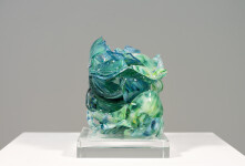 This contemporary turquoise glass sculpture is designed as a tabletop piece. Image 8