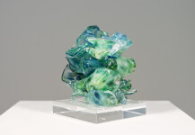 This contemporary turquoise glass sculpture is designed as a tabletop piece. Image 6