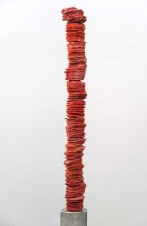 Paper-thin layers of deep red glass frit (special ground glass) are carefully stacked in these striking columns created by Canadian artist C…