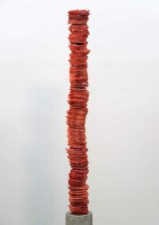 Paper-thin layers of deep red glass frit (special ground glass) are carefully stacked in these striking columns created by Canadian artist C…