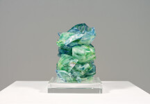 This contemporary turquoise glass sculpture is designed as a tabletop piece. Image 4