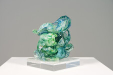 This contemporary turquoise glass sculpture is designed as a tabletop piece. Image 2