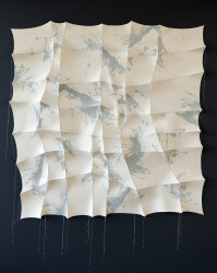 This contemporary white and blue-gray tapestry was hand-sewn by Canadian fabric artist Chung-Im Kim.