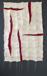 Striking organic shapes in bright red provide dramatic contrast in this cream-felt tapestry by fabric artist Chung-Im Kim.