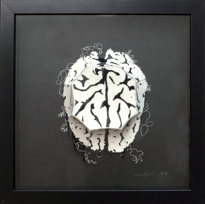 Off-white felt is delicately marbled with charcoal silkscreen lines in this playful relief by Chung-Im Kim.