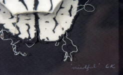 Off-white felt is delicately marbled with charcoal silkscreen lines in this playful relief by Chung-Im Kim. Image 5