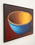 This realistic oil painting is a still life of a blue antique bowl. Image 3