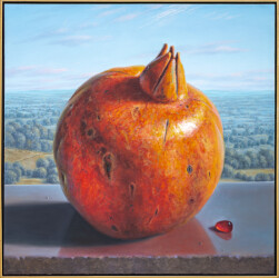 This realistic oil painting is a still life of a pomegranate.