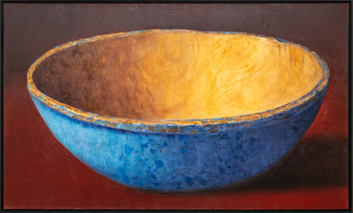 This realistic oil painting is a still life of a blue antique bowl.