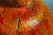 This realistic oil painting is a still life of a pomegranate. Image 6