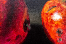 Two red-orange pomegranates, one cut cleanly in half are set on a dark ground in this realistically rendered and intimate oil painting on ca… Image 8