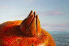 This realistic oil painting is a still life of a pomegranate. Image 10