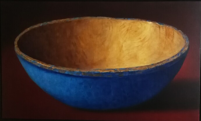This realistic oil painting is a still life of a blue antique bowl.