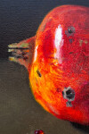 Two red-orange pomegranates, one cut cleanly in half are set on a dark ground in this realistically rendered and intimate oil painting on ca… Image 7