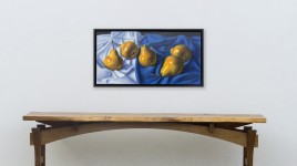 Luscious golden pears are arranged on blue and white cloth in this realistically rendered and intimate oil painting on canvas by Ciba Karisi… Image 6