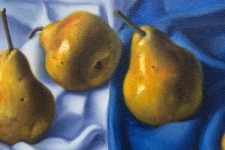 Luscious golden pears are arranged on blue and white cloth in this realistically rendered and intimate oil painting on canvas by Ciba Karisi… Image 5