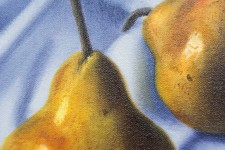 Luscious golden pears are arranged on blue and white cloth in this realistically rendered and intimate oil painting on canvas by Ciba Karisi… Image 2