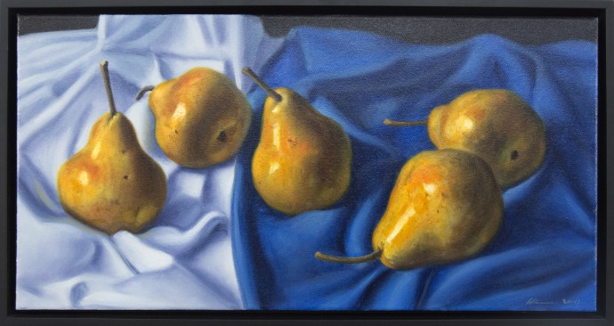 Luscious golden pears are arranged on blue and white cloth in this realistically rendered and intimate oil painting on canvas by Ciba Karisi…