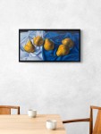 Luscious golden pears are arranged on blue and white cloth in this realistically rendered and intimate oil painting on canvas by Ciba Karisi… Image 7