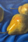Luscious golden pears are arranged on blue and white cloth in this realistically rendered and intimate oil painting on canvas by Ciba Karisi… Image 4