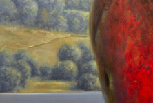 This realistic oil painting is a still life of a pomegranate. Image 5