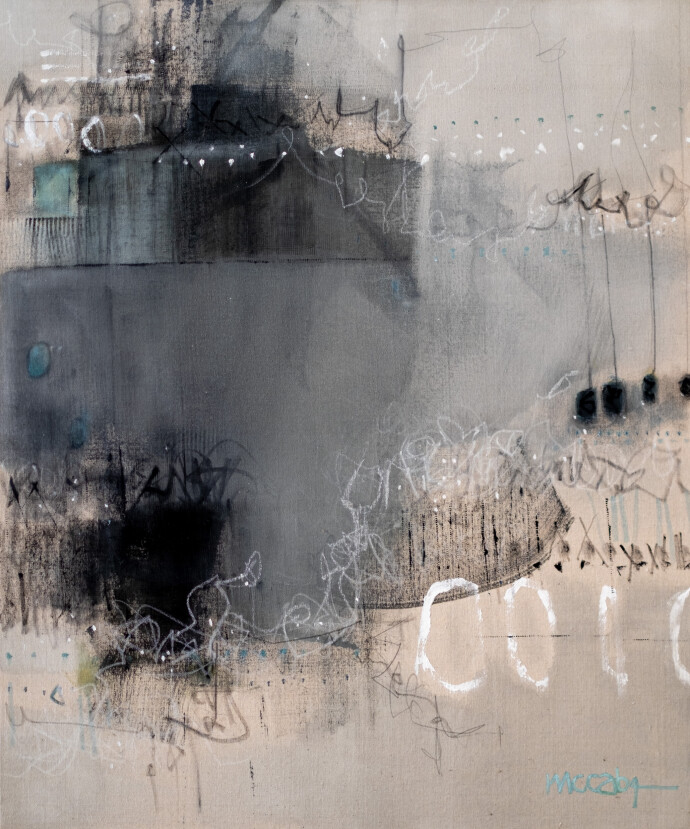 This contemporary acrylic abstract painting is rendered in black, gray and white.