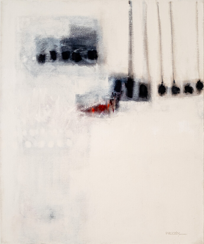 This contemporary acrylic abstract painting is rendered in black, white and gray.