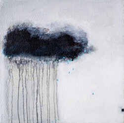 This contemporary acrylic painting of a storm cloud is in black and white.