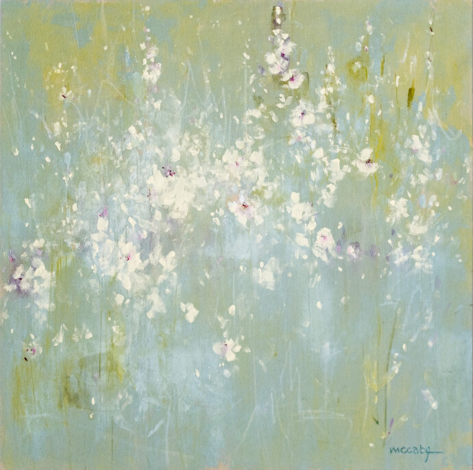 This contemporary acrylic abstract painting is a meadow filled with flowers.