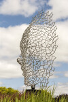 A human face emerges from the intricately designed stainless steel mesh of this intriguing sculpture. Image 2