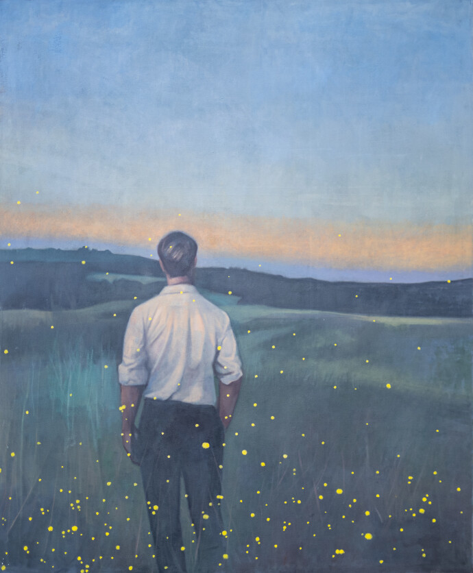 This realistic oil portrait of a young man is by Daniel Hughes.