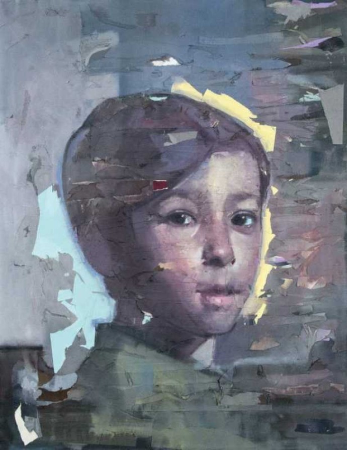 This collage and mixed media portrait by Dan Hughes captures a moment in the young life of a child.