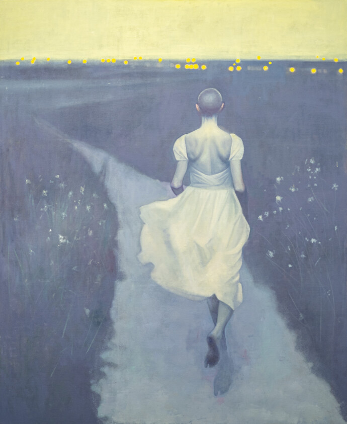 This oil portrait painting of a young woman in a summer dress is by Daniel Hughes.