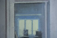 An interior view in cool blues, lavender and light green verges on abstraction in this intimate oil by Dan Hughes. Image 3