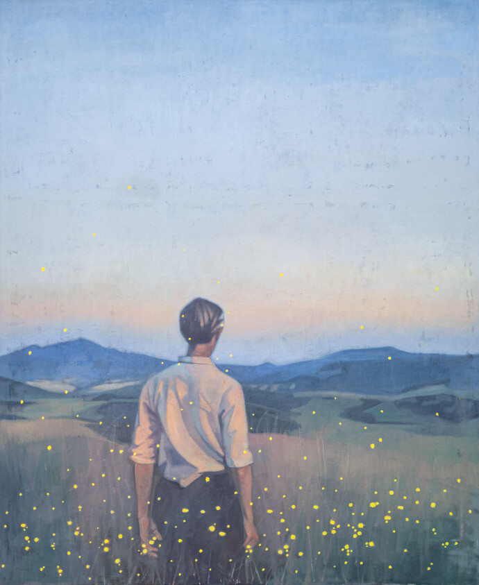 This realistic oil portrait of a young man is by Daniel Hughes.