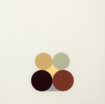 Curated circles in pale green, gold, black and toned maroon are precisely and contemplatively arranged on a light dove grey ground. Image 2