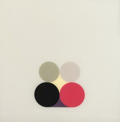 Four curated circles form a contemplative pyramid on a gray ground in this esquisite painting by David Cantine.