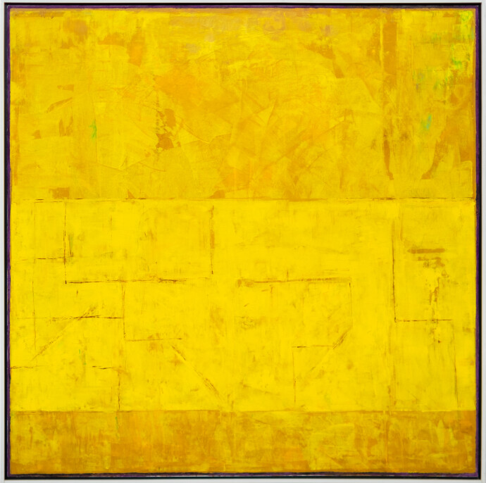 This contemporary abstract painting by David Sorensen explores a bright yellow palette.