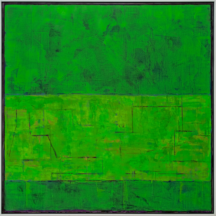 This contemporary abstract painting by David Sorensen explores a green palette.