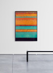 A scaffold of dark violet gives structure to painterly hot orange and teal bands in this confident abstract canvas by David Sorensen. Image 7