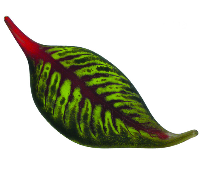 Australian glass artist Eileen Gordon’s leaf in jewel tones of red and forest green captures the lovely organic shape of a fallen leaf.
