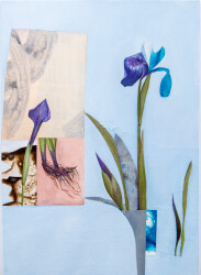 The elegant stem of a single iris with purple and turquoise petals stands out against a pale blue canvas in this charming oil and acrylic pa…