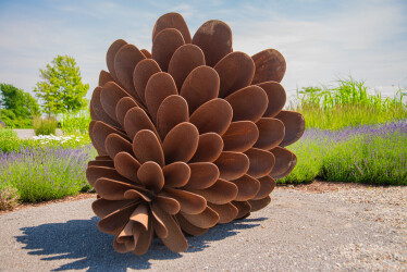 The large pine cone sculptures by Floyd Elzinga have become beloved and collected classics that now grace many public venues in the country.