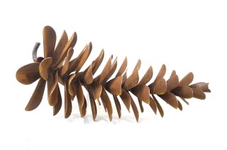 This pop art steel sculpture of a pine cone is by Floyd Elzinga.