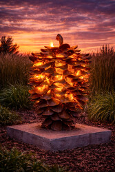 This contemporary outdoor sculpture of a pine cone made from steel is by Floyd Elzinga.