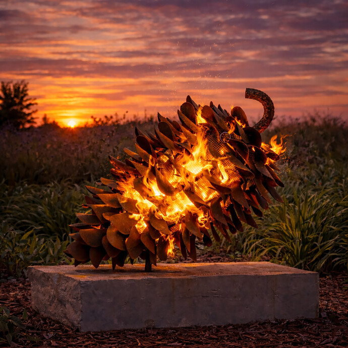 Hand forged from weathering steel Floyd Elzinga’s impressive outdoor sculpture of a pine cone is designed to house logs for a fire.