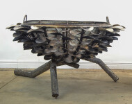 This contemporary outdoor metal sculpture of an acorn by Floyd Elzinga can also burn wood. Image 5