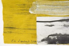 Vertical composition on paper with a canary yellow ground over which bristle brushed lines are cross hatched in black. Image 4