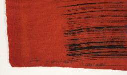 Vertical composition on paper with a saturated wine red ground over which bristle brushed lines are cross hatched in black and royal blue. Image 6